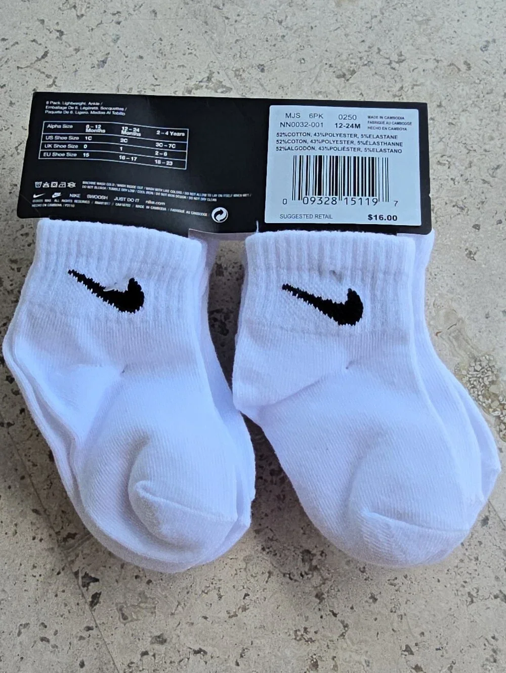 New Nike Infant/Toddler Lightweight Ankle Socks 6-Pack – White/Black Size 12-24
